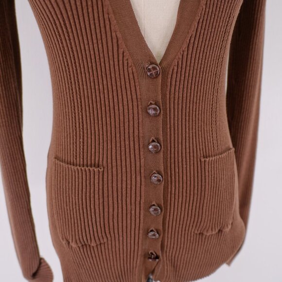 Bebe Brown Plunging V-Neck Leather Button Cardigan Sweater Ribbed Cotton Small - Picture 2 of 7